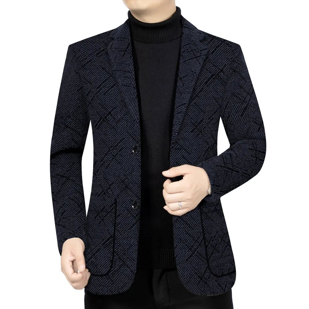 Men's slim-fit business casual coat in brown with stick pocket and long sleeves, polyester lining
