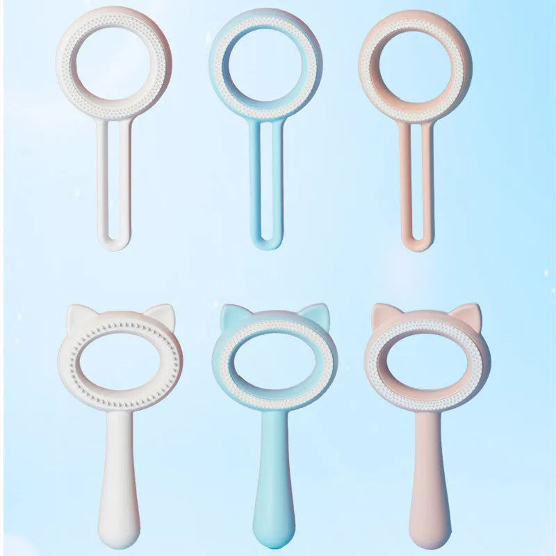 Double-sided pet hair removal brush in blue with ABS and TPR material, round shape on white background.
