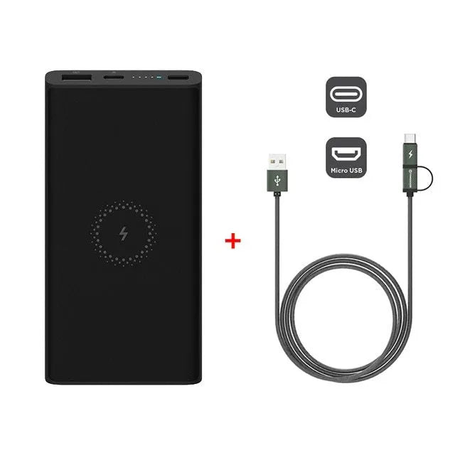 Black and white 10000mAh power bank with wireless charging and USB Type C port.