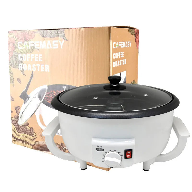 White coffee roasting machine with 750g capacity and 1200W power for home bean roasting