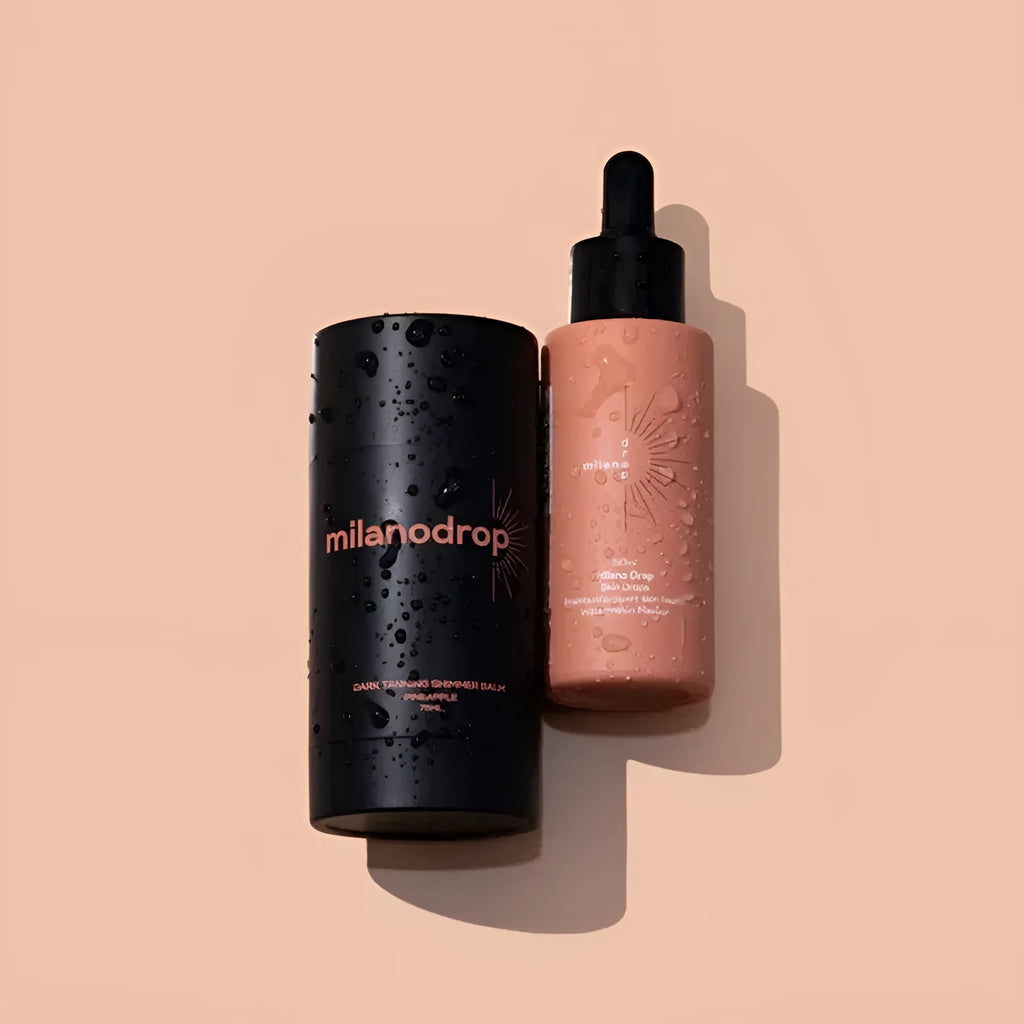 Matte Sun Tanning Liquid Set showing 50ml drops bottle and 75ml flash cream tube with black essence.