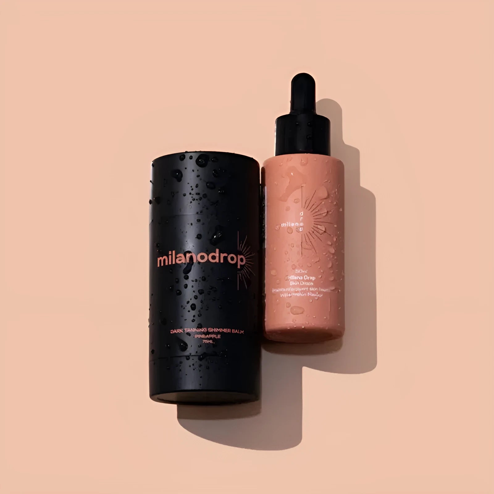 Matte Sun Tanning Liquid Set showing 50ml drops bottle and 75ml flash cream tube with black essence.