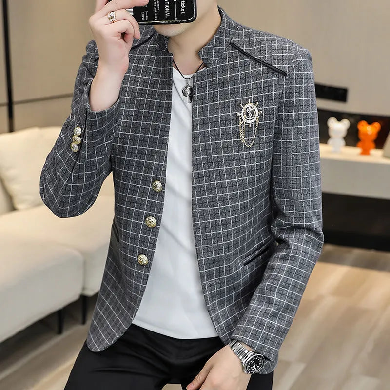 Men's plaid slim fit suit jacket in brown, gray, khaki, or light green, acetate fibre with polyester lining, sizes M to 4XL