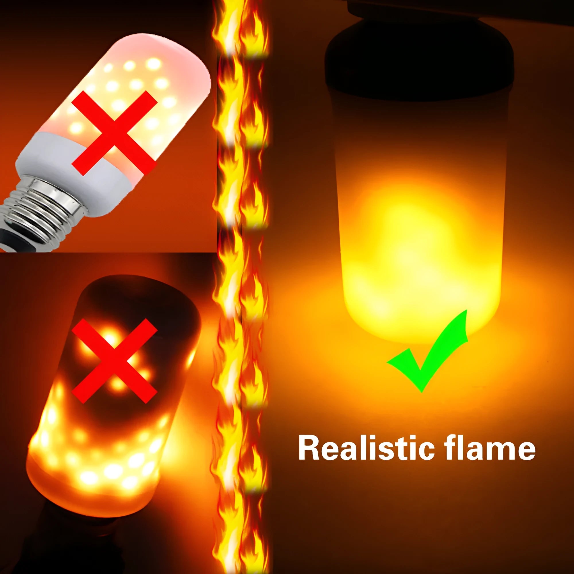 Close-up of an LED bulb emitting a decorative orange flickering flame light effect.