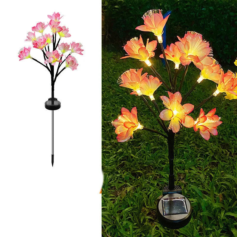 LED solar simulation camellia lawn lamp in garden setting, available in pink or yellow, IP65 rated, 720mm tall
