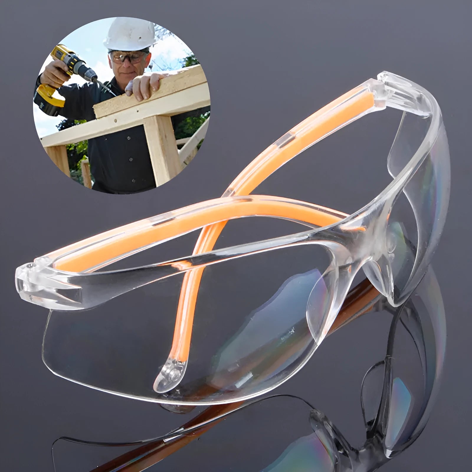 Transparent labour protection safety goggles with yellow frame for industrial and laboratory eye protection