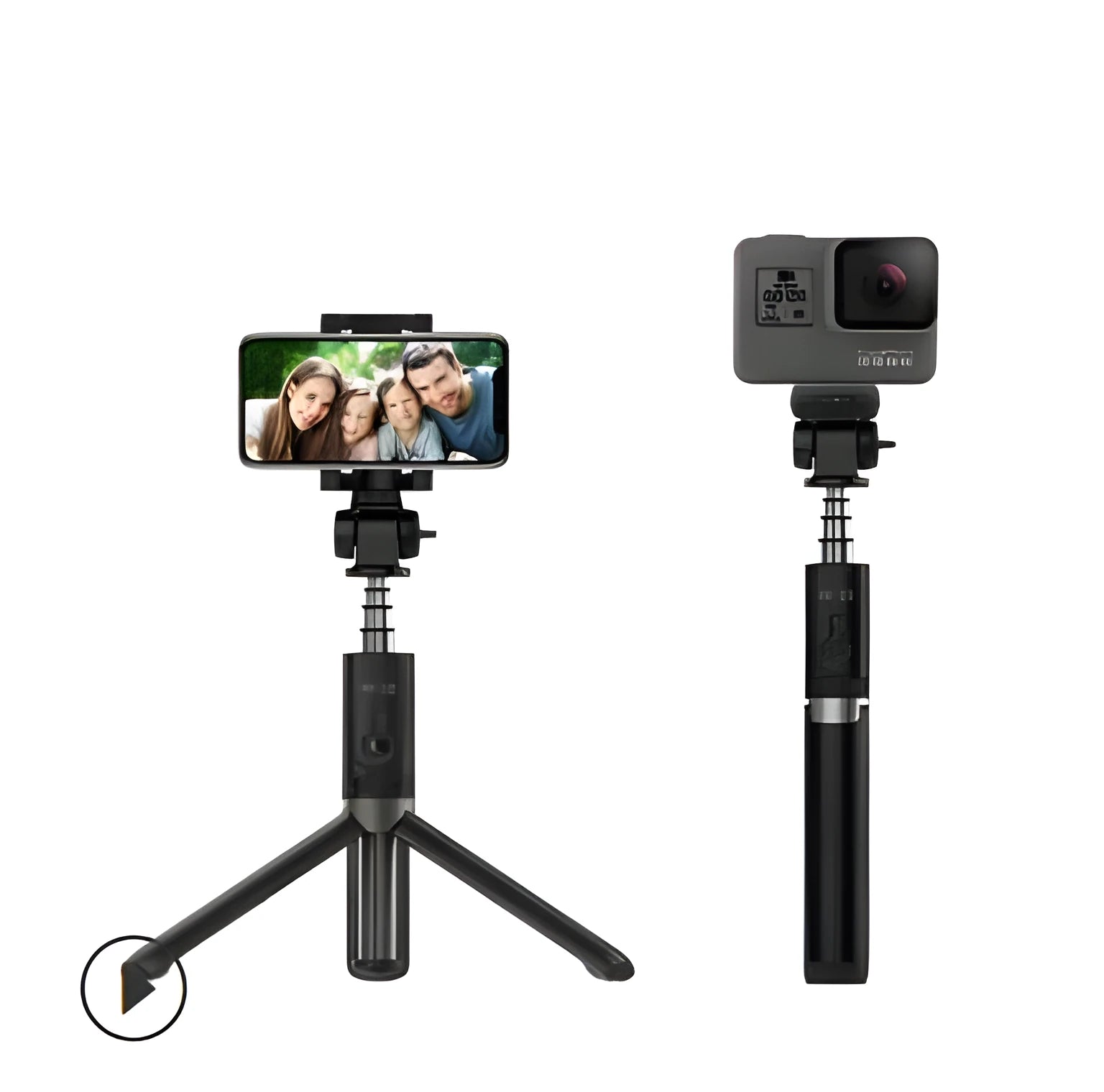 Aluminium Bluetooth selfie stick with remote control and tripod bracket extended with smartphone attached