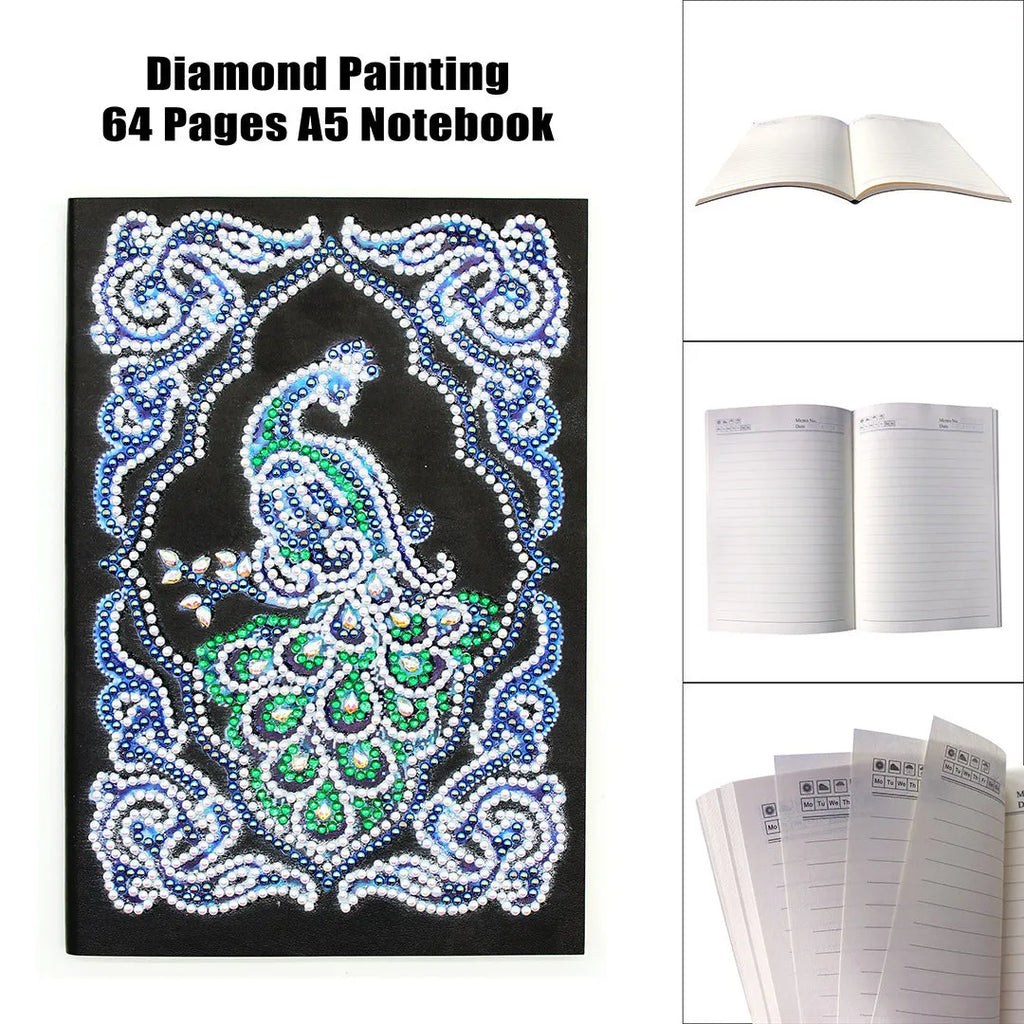 Peacock Beauty A5 diamond painting notebook with coloured resin drills on a black cover.