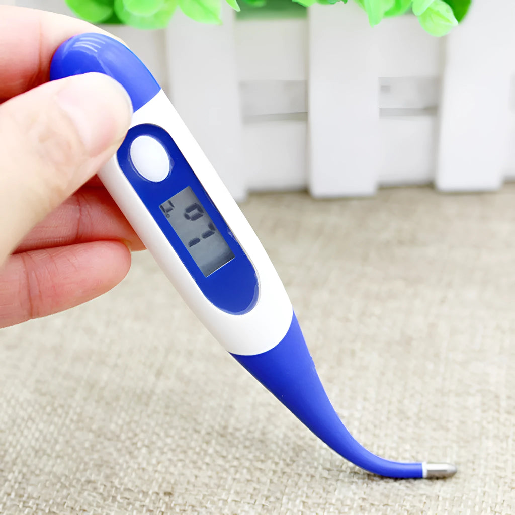 Blue digital electronic waterproof thermometer with LCD display, plastic and silicone body, mercury-free, ±0.1°C accuracy