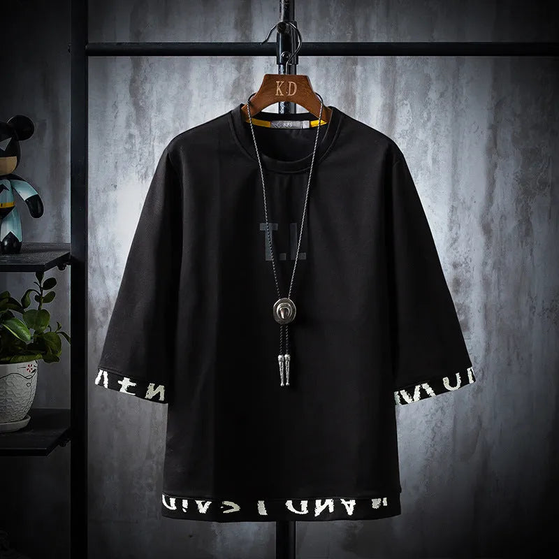 Men's round neck 100% cotton printed t-shirt in black, khaki or white with middle sleeve