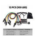 Rally resistance band fitness equipment set with colour-coded latex pull ropes, handles, foot rings, and door buckle