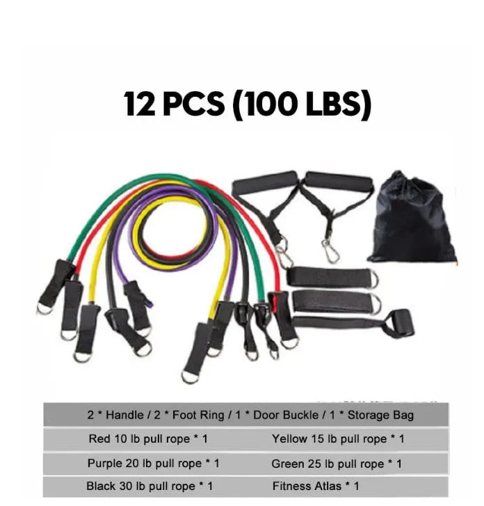 Rally resistance band fitness equipment set with colour-coded latex pull ropes, handles, foot rings, and door buckle