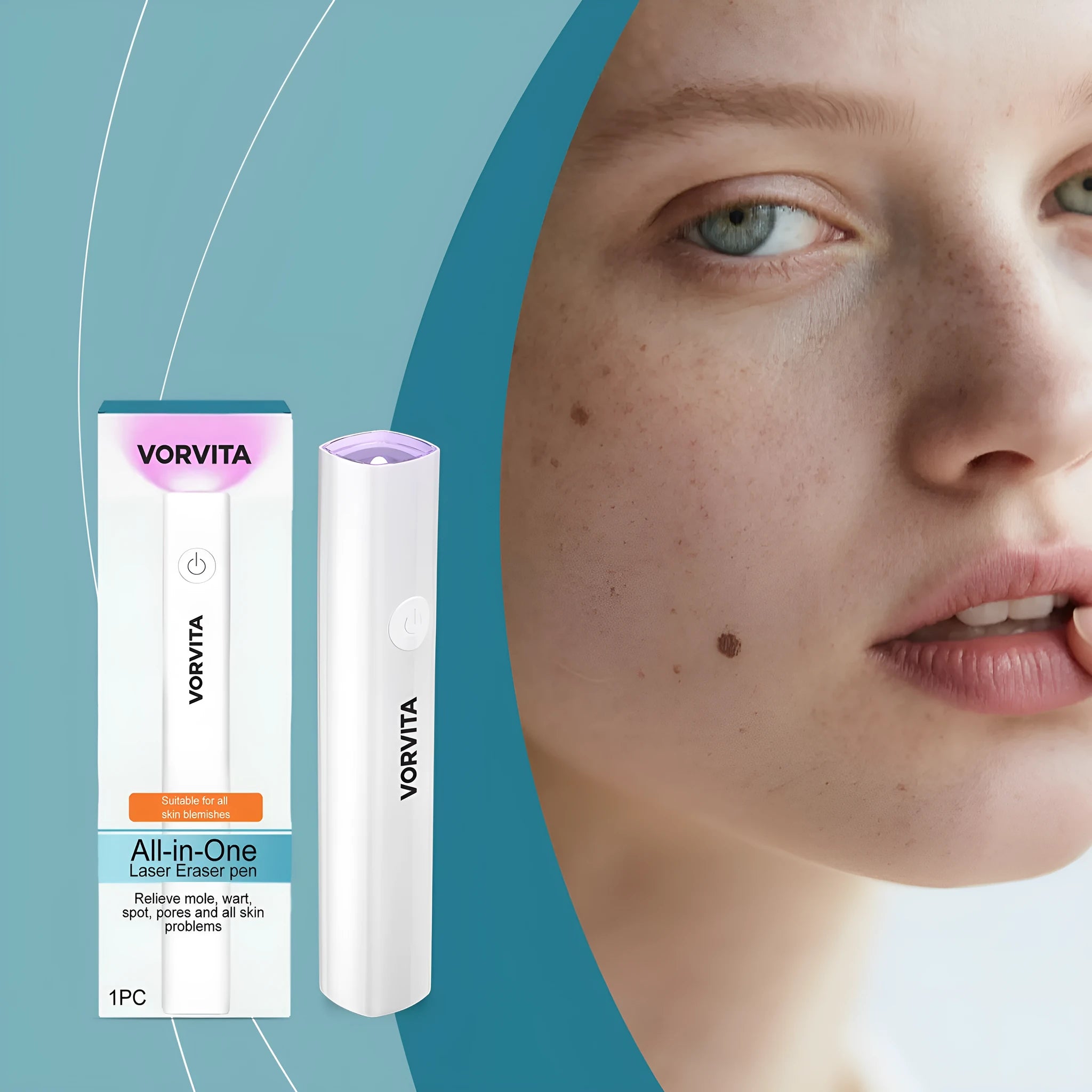 Handheld skin care laser pen with ABS plastic body and data cable on a white background