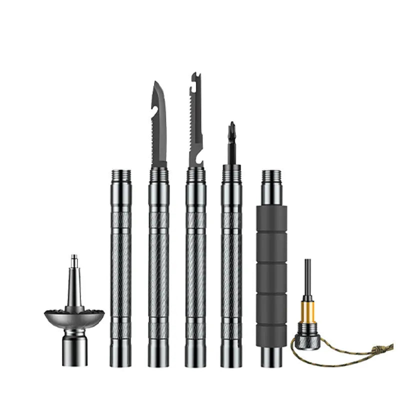 Dark grey aluminium alloy trekking pole with tactical knife and multi-tool accessories, adjustable from 106cm to 125cm