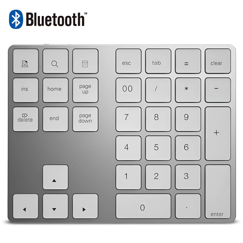 Aluminium 34-key wireless numeric keypad in black or silver with Bluetooth 3.0 for Windows iOS Android