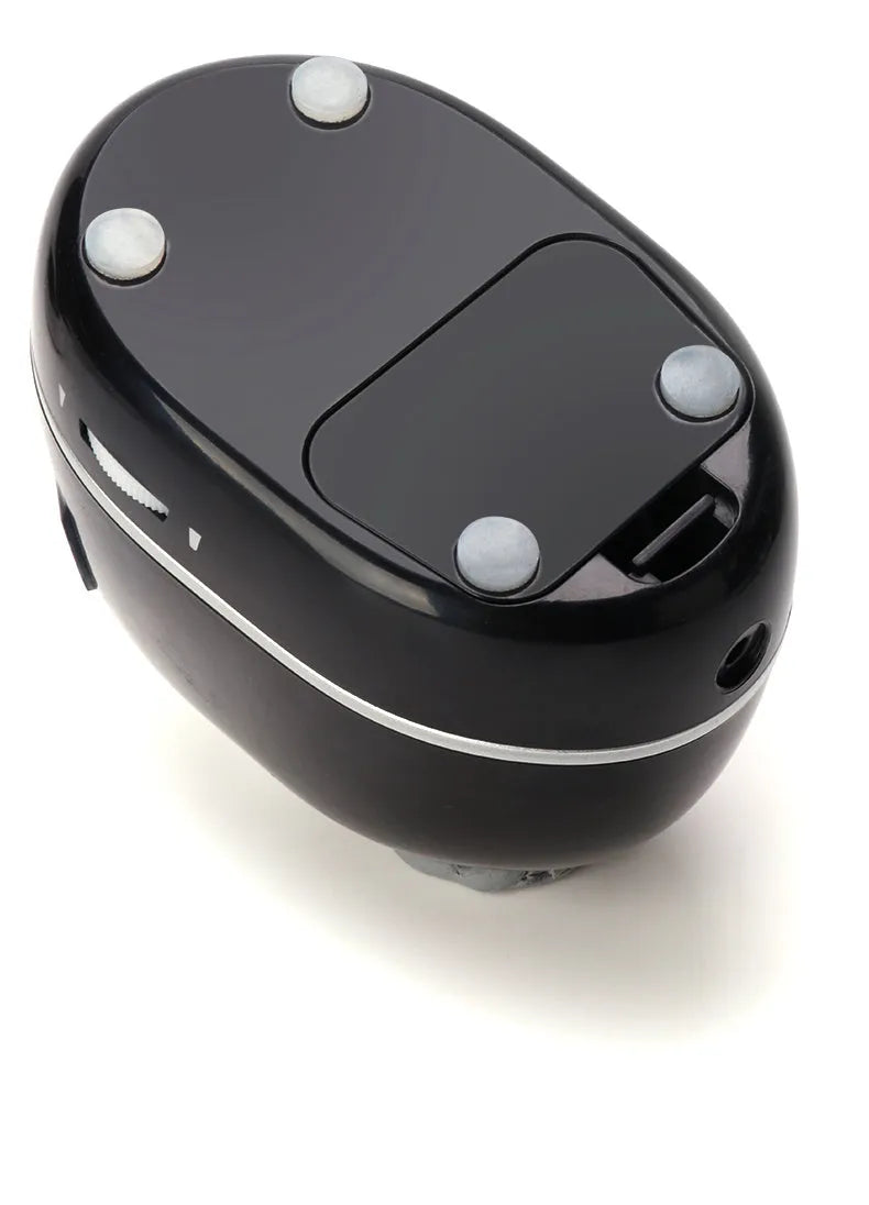 Electric pencil sharpener with three-speed dial and auto-stop, plastic body, black colour, compact size