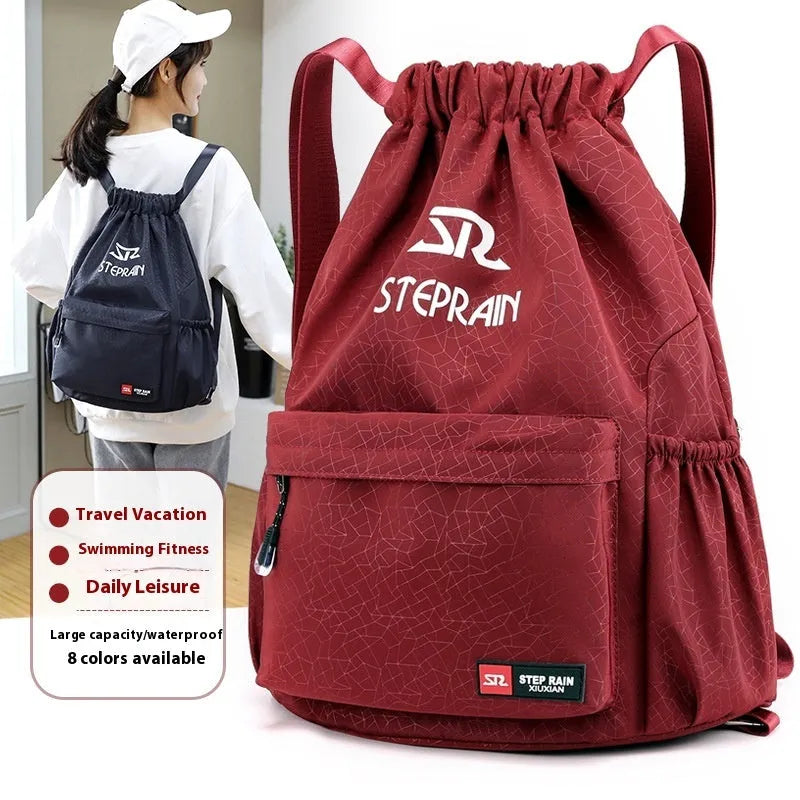 Solid colour lightweight Oxford cloth drawstring backpack with double-shoulder straps