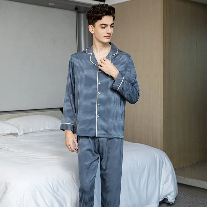 Men's ice silk pyjama set with blue long sleeve V-neck top and trousers in sizes L to 3XL