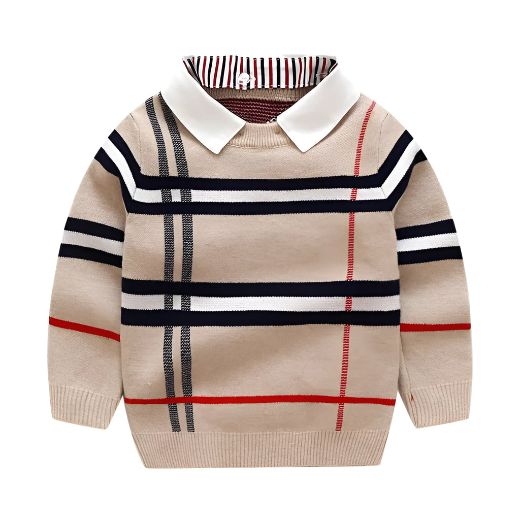 Boy wearing a navy blue plaid jacquard knit pullover sweater
