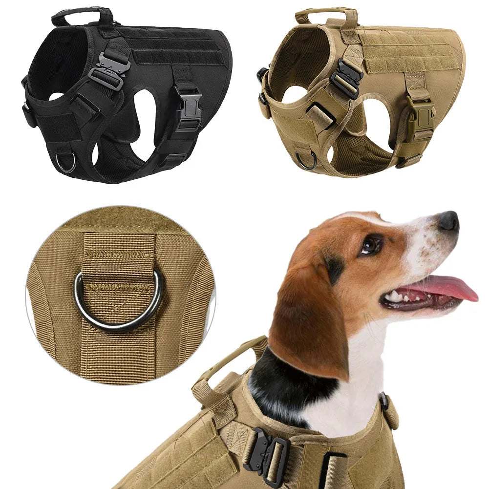 Military tactical dog harness in khaki with adjustable straps, pockets, and metal connection points on a German Shepherd