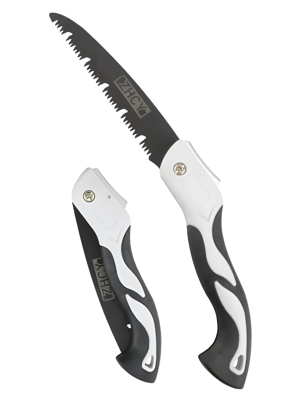 Quick folding hand saw with alloy steel blade, plastic frame, and straight blade design for woodworking