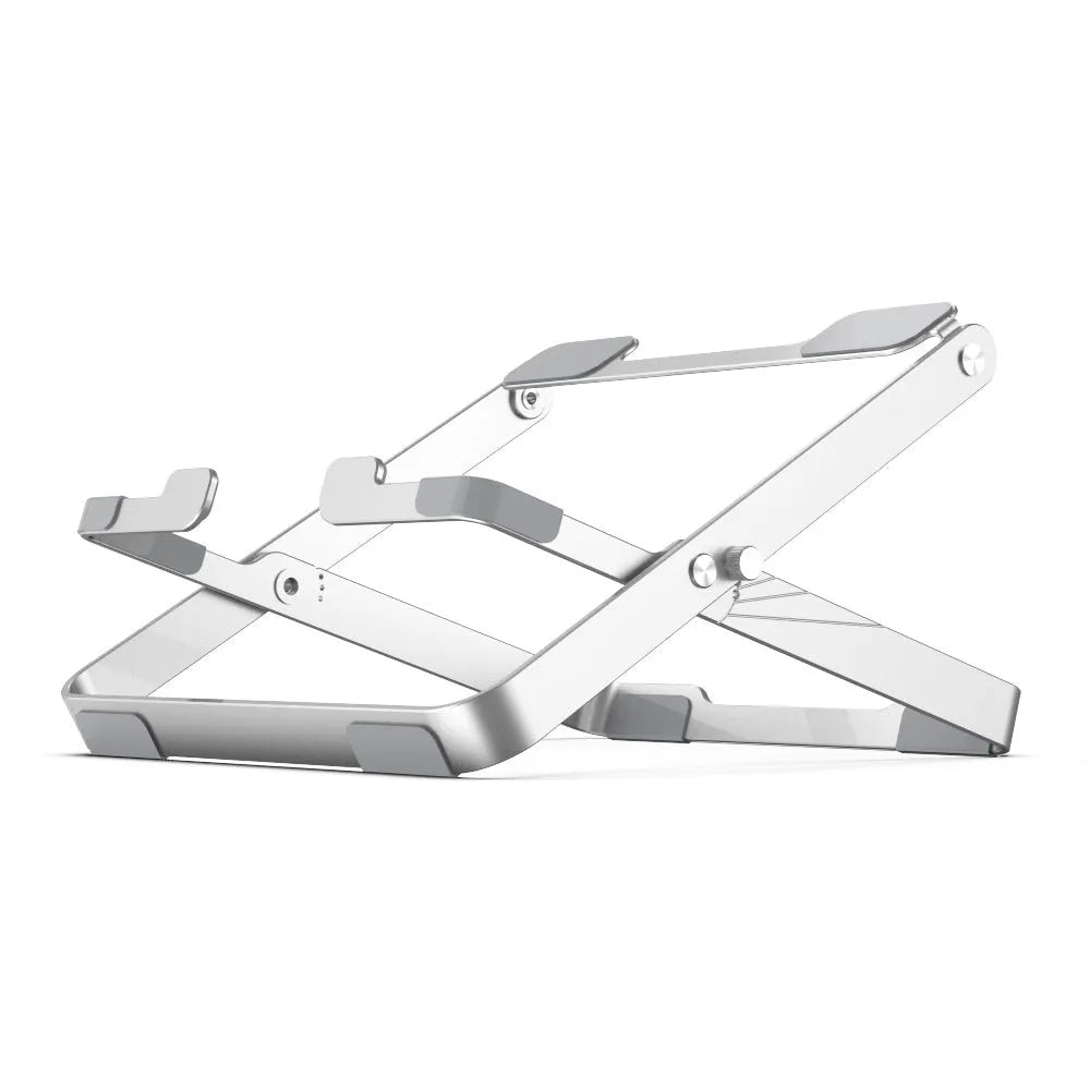 Folding silver grey aluminium laptop stand with silicone pads in expanded position showing heat dissipation design