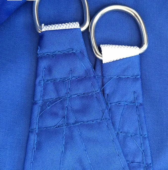 Blue curved square polyester shade sail measuring 3 metres by 4 metres for outdoor UV protection