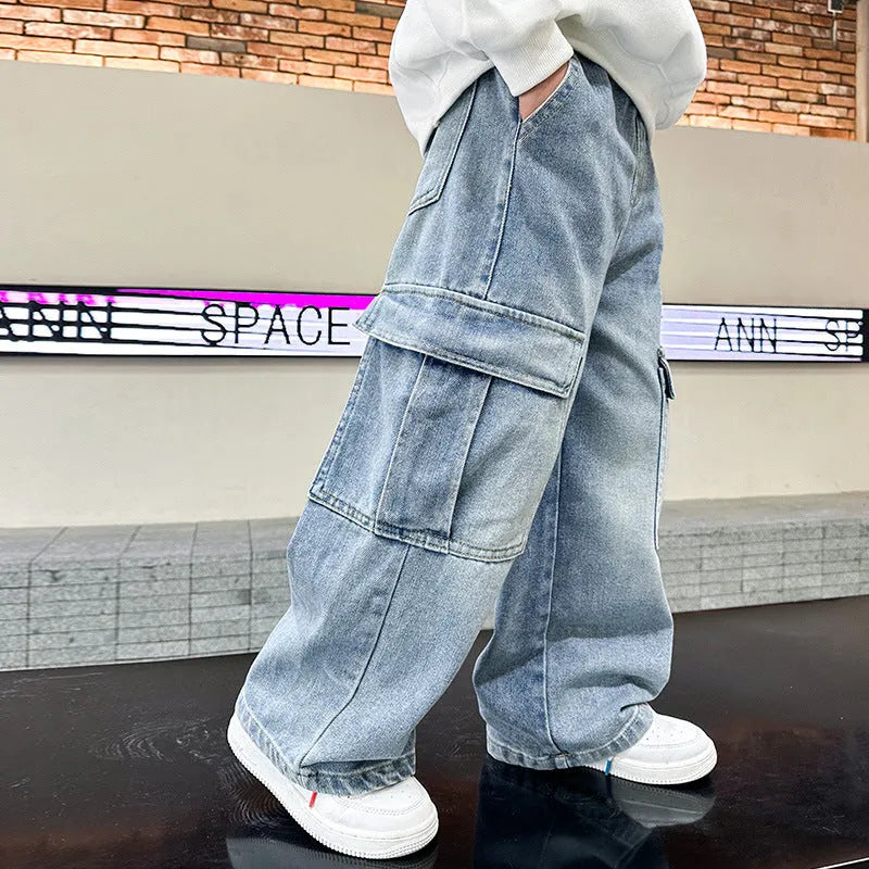 Boys' blue denim mid waist jeans cotton trousers for spring and autumn in multiple height sizes