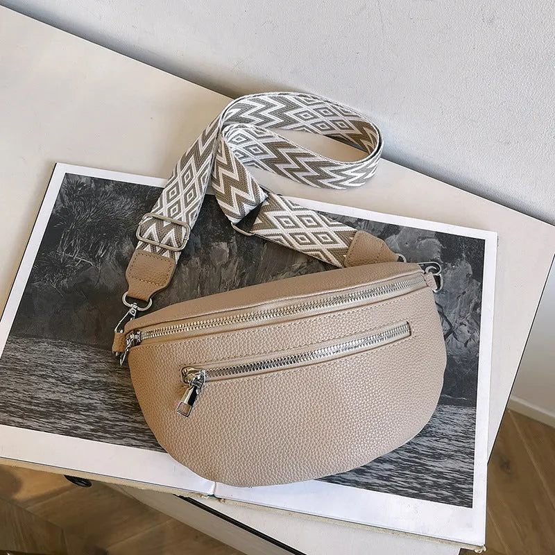 Wide shoulder strap large capacity saddle bag in beige with horizontal square shape and outer sandwich pocket
