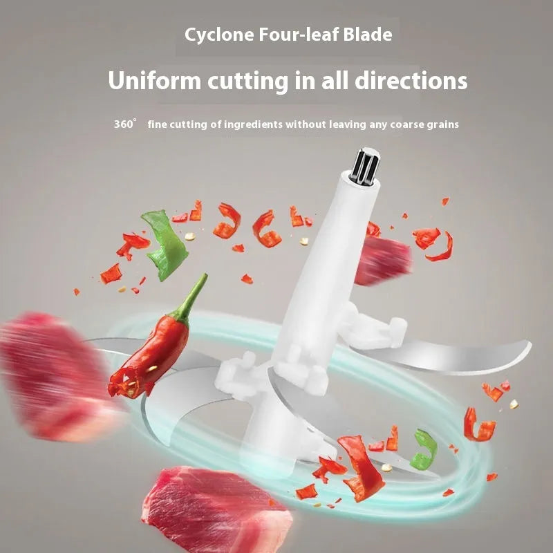 Stainless steel meat grinder with 2L bowl, 2 sets of knives, and adjustable speed control on a kitchen counter