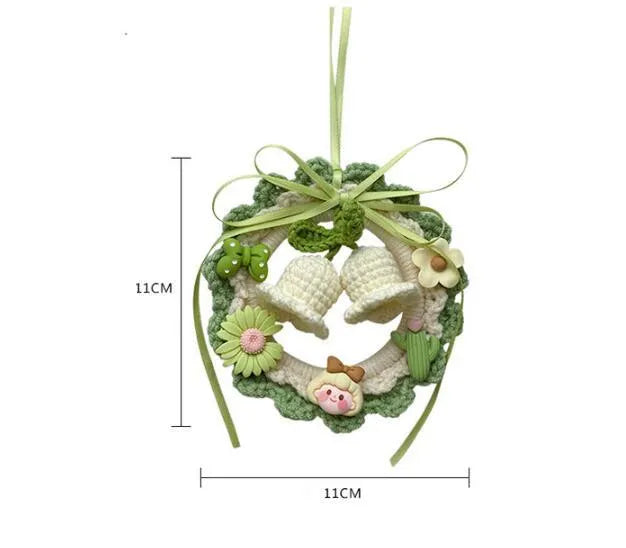 Handmade woven wool bell orchid car pendant hanging decoration in green, with optional dream catcher charm.