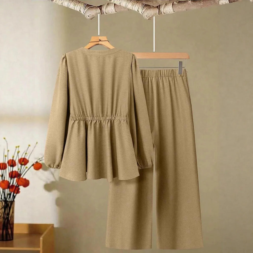 Women's long-sleeved pants polyester two-piece suit in khaki, front view, button closure, regular fit