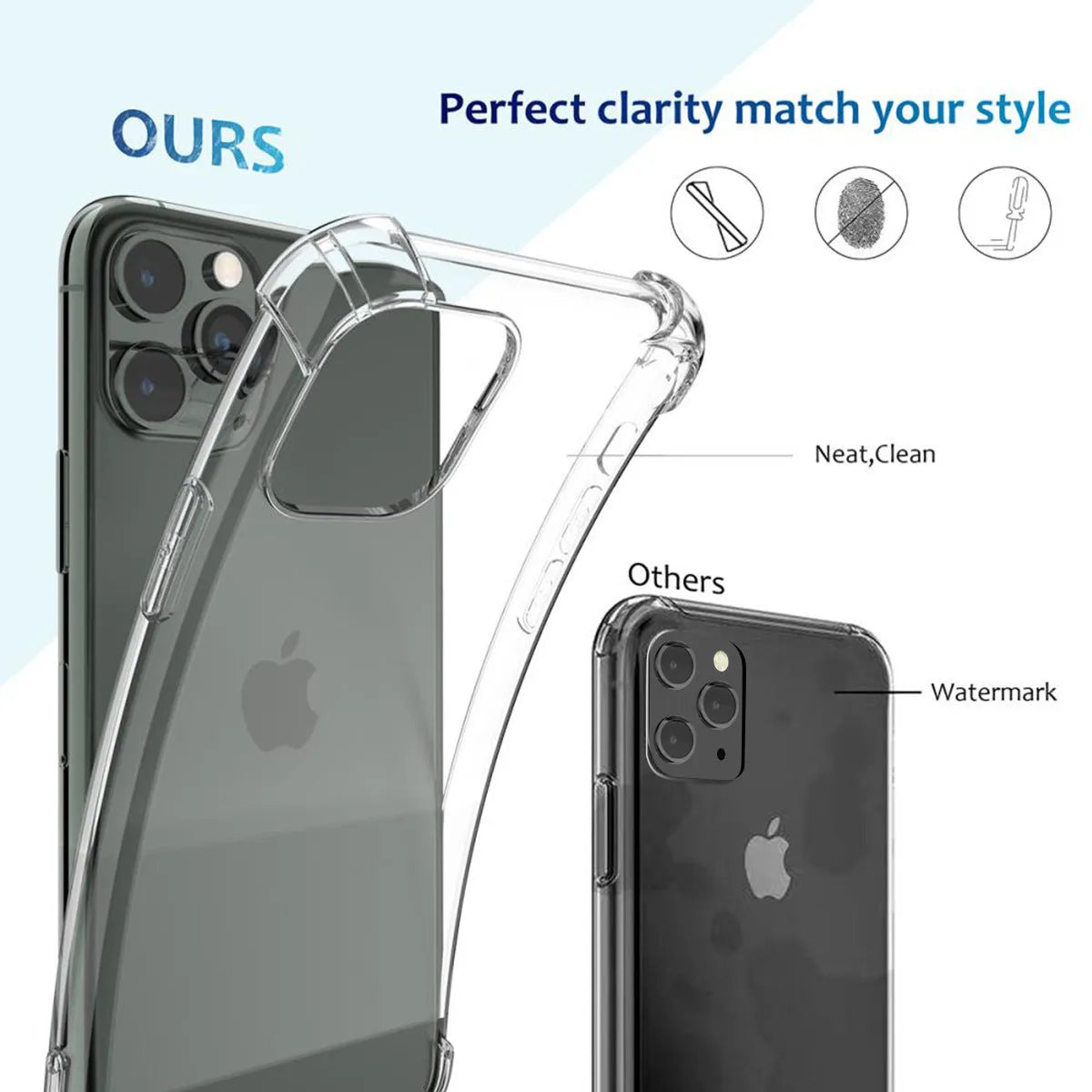 Transparent shockproof TPU phone case for Apple iPhone models on a white background.