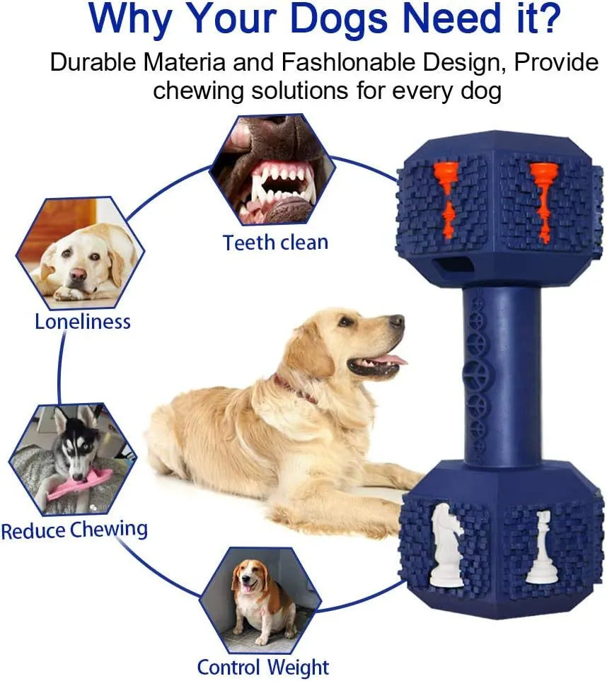 Heavy black rubber dumbbell dog chew toy with textured surface and hollow ends on a white background.