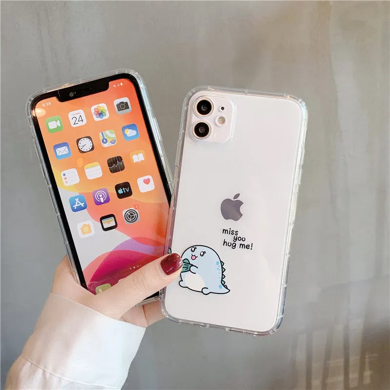 Transparent iPhone case with dinosaur couple design showing airbag anti-fall protection