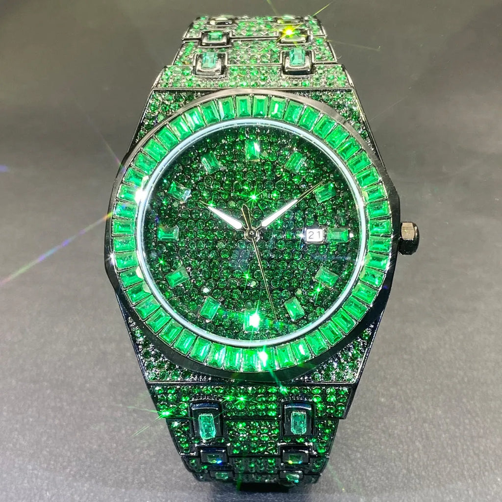 Green full rhinestone hip hop quartz watch for men with alloy case and 13mm thickness