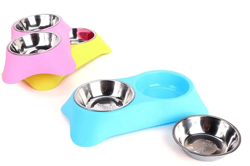 Silicone double pet bowl with stainless steel inserts and non-slip base, shown in Blue, Green, and Rose Red, sizes S and M