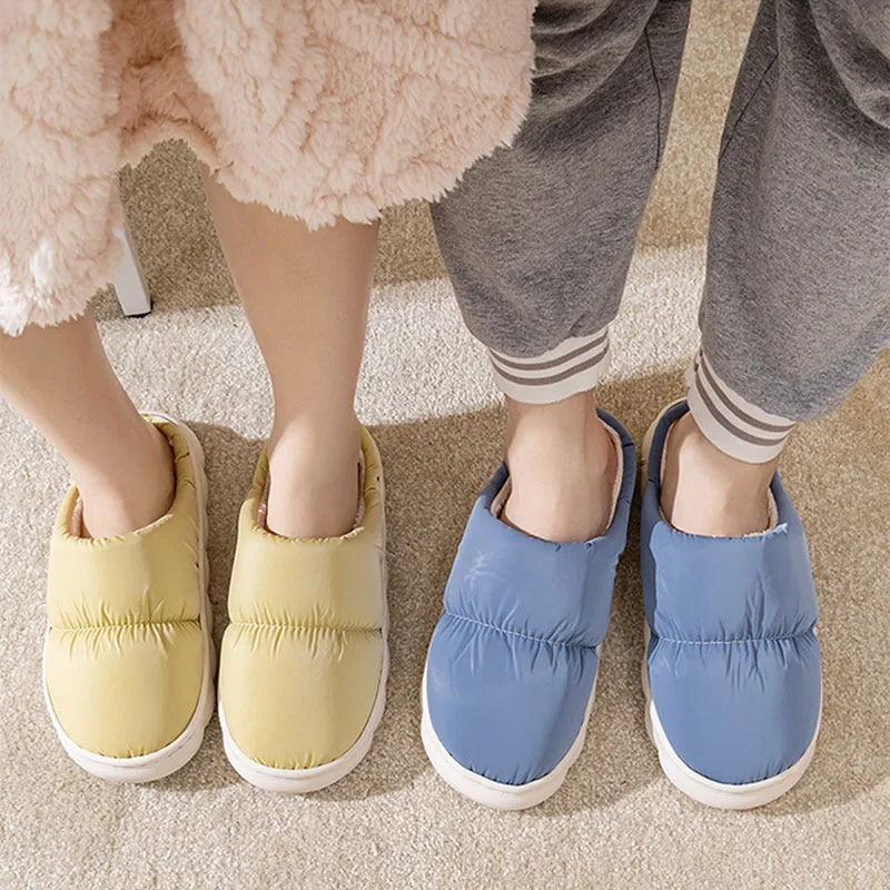 Artificial leather and rubber house slippers with thick sole and plush lining in blue, green, grey, pink or yellow