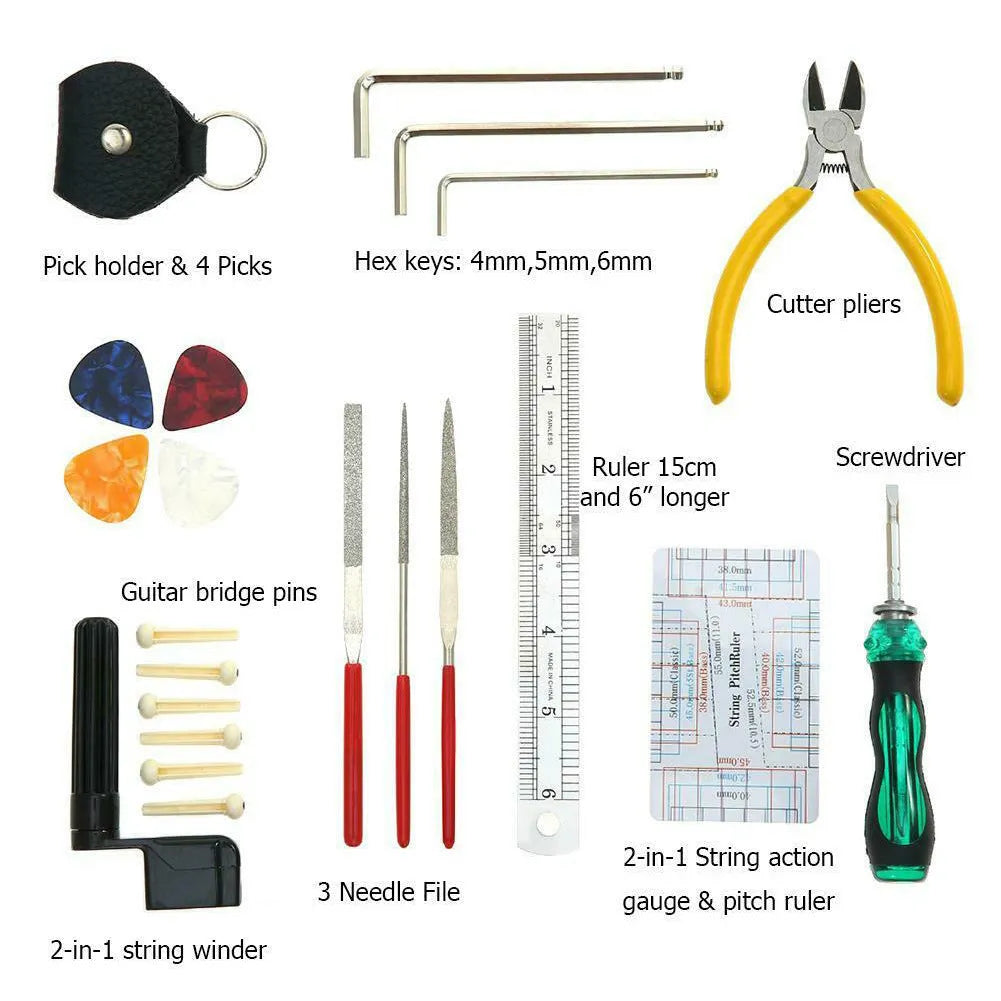 Black ABS plastic case open to reveal 11 metal guitar repair tools including a winder, cutter, ruler, and multi-tool.