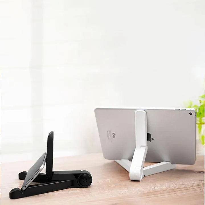 Foldable aluminium tablet holder stand in black showing portrait and landscape phone positioning