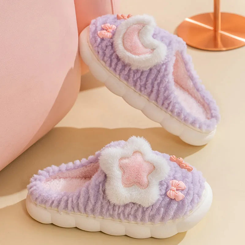 Women's light blue fleece-lined cotton slippers with cartoon animal pattern and toe holder design