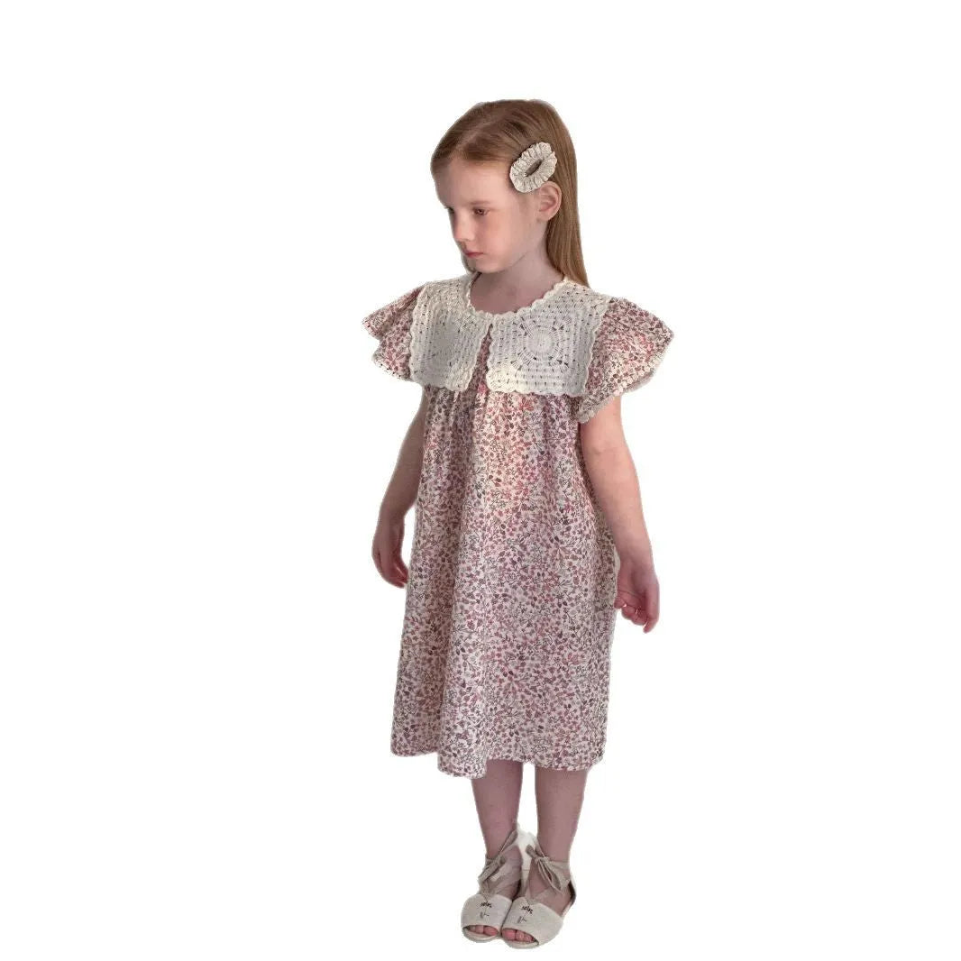 Summer cotton flounced sleeve princess dress for girls, floral pattern, A-line skirt, sizes 90-140cm