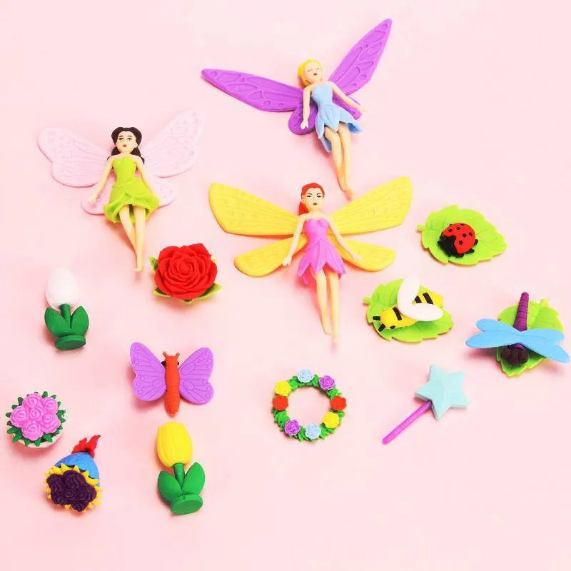 Flower Fairy eraser set with 12 TPR erasers in Flower Fairy and Mermaid designs measuring 14x13cm