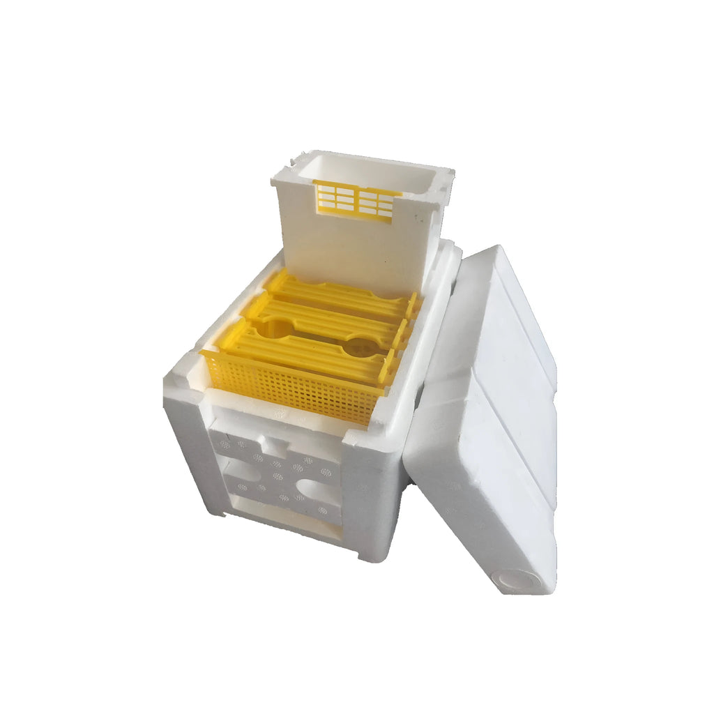 Three white EPS foam bee delivery boxes with hinged lids for queen bee mating and transport.