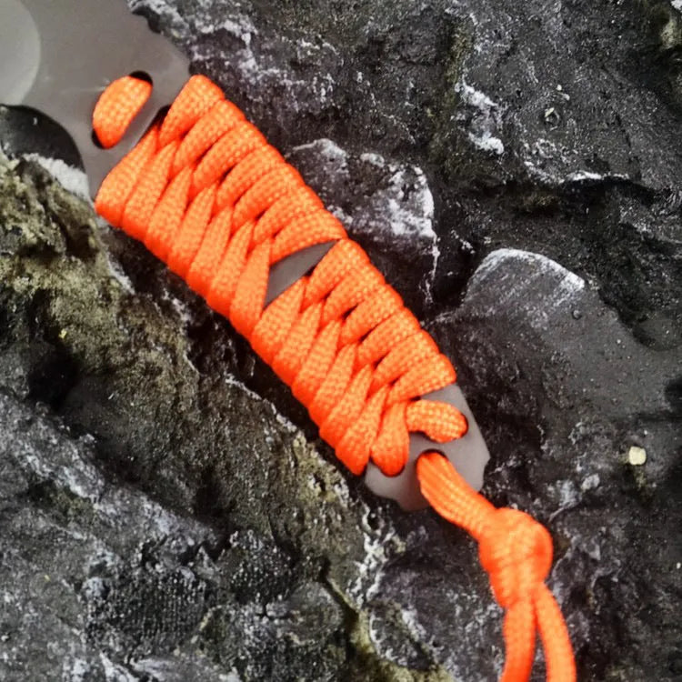 Outdoor camping survival knife with straight blade, rope handle, and ABS protective sheath