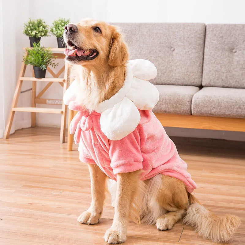 Big dog wearing flannel transformation top in pink sunflower print, size 4XL