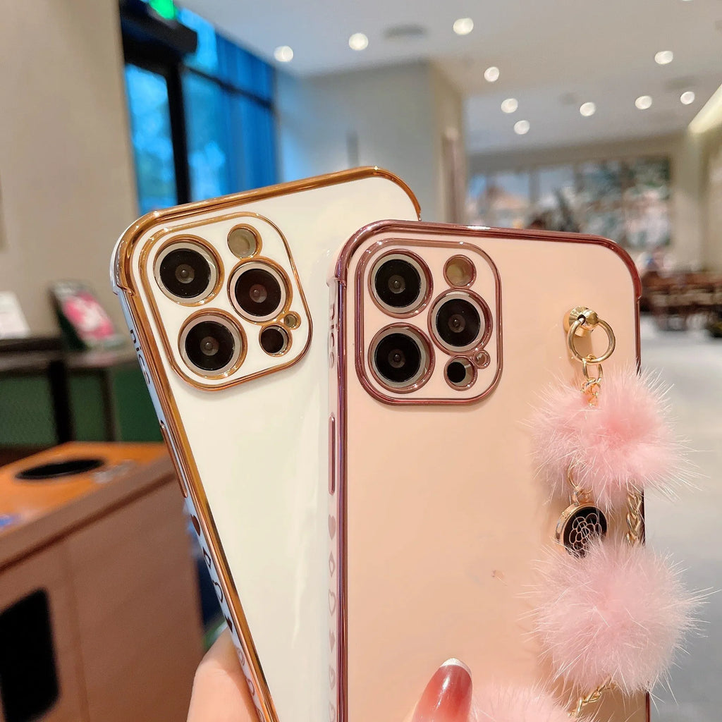 Electroplated TPU phone case with plush bracelet for iPhone, black colour, showing back and side coverage