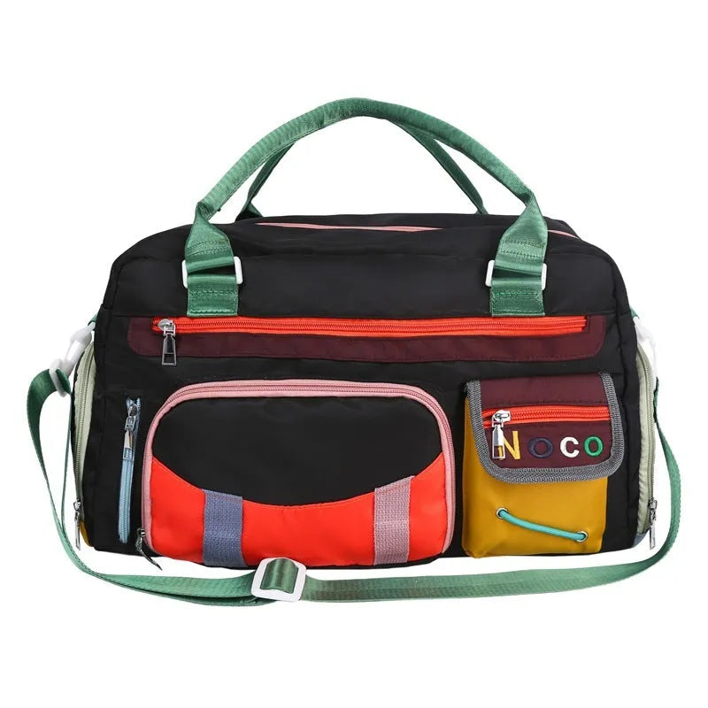 Large black sports shoulder messenger bag with shoulder strap showing exterior dimensions