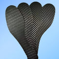 Black 3K carbon fibre full palm running insoles showing three thickness options: 0.8mm, 1.0mm, and 1.2mm.