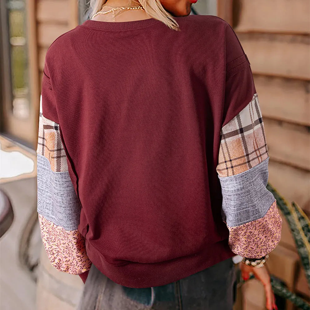 Women's casual loose top with striped plaid pattern, long sleeves, and Japanese Korean styling in beige colour